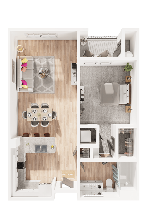 A series of images showing different layouts of a small apartment.